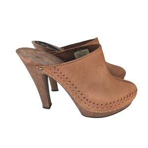 VTG Custom Made Leather Clog Mules Womens 8B Tan Brown 70s Retro Whipstitch Boho